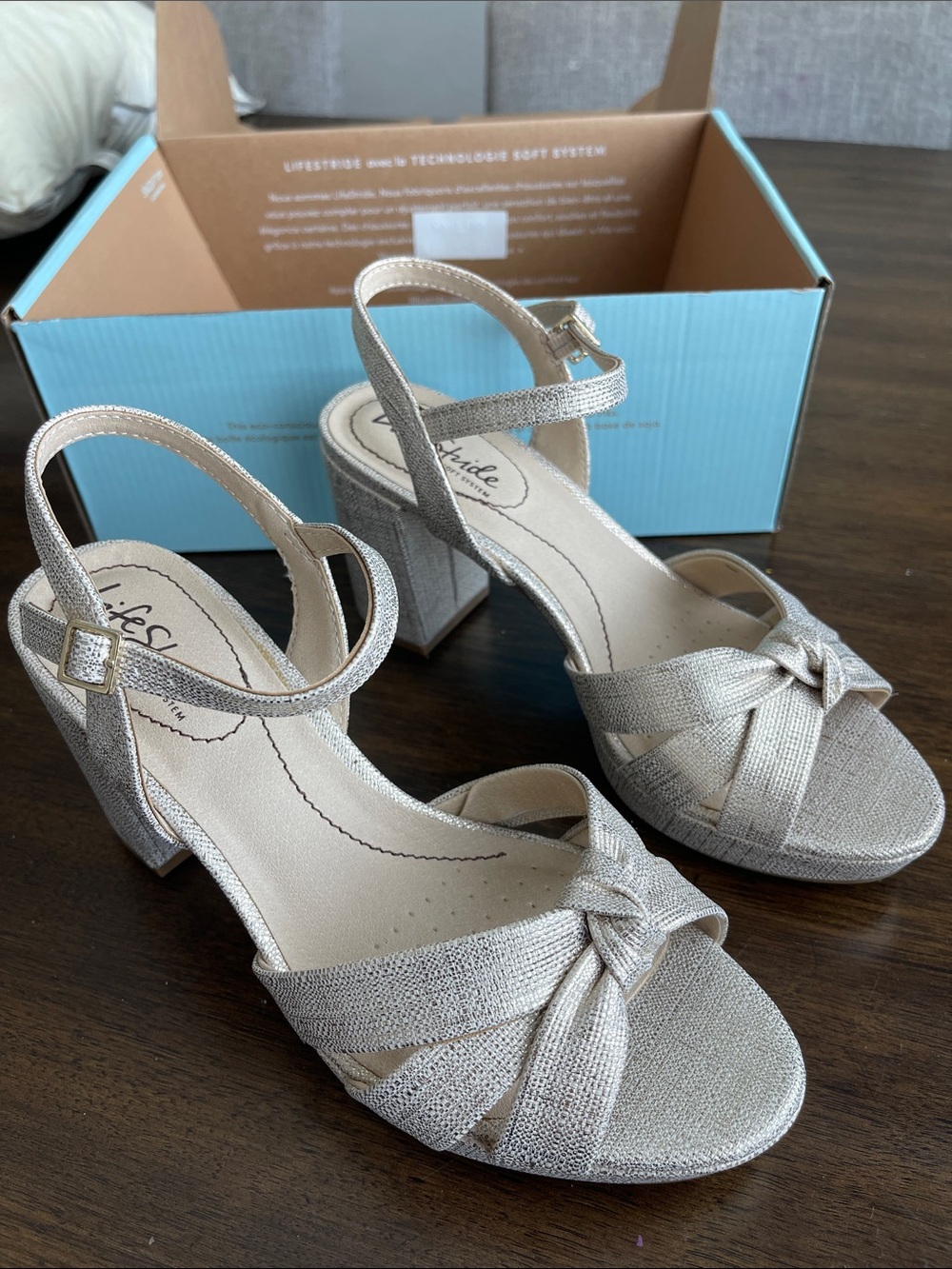 Life Stride Silver Knot Front Block Heel Sandals